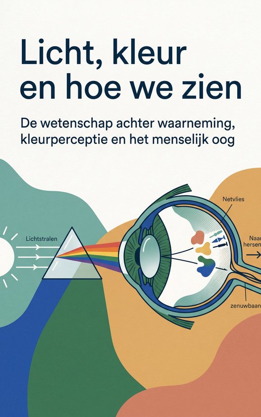 Illustration d'un œil humain analysant des rayons lumineux, avec un prisme séparant la lumière blanche en couleurs arc-en-ciel. Titre : « La lumière, la couleur et comment nous voyons ».