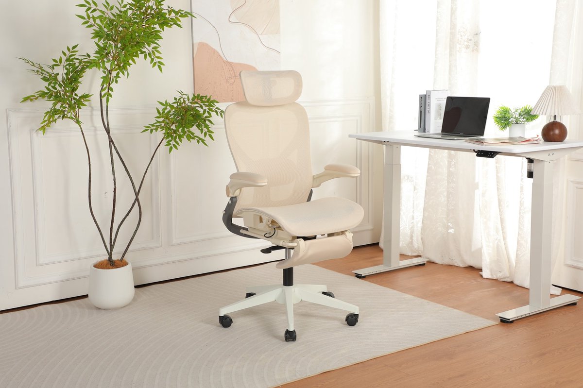 Bureaustoel - Ergonomisch Inklapbaar Met 3D Hoofdsteun, Lendensteun En Kantelfunctie - Voor Kantoor, Studie En Gamen - Mesh Crème