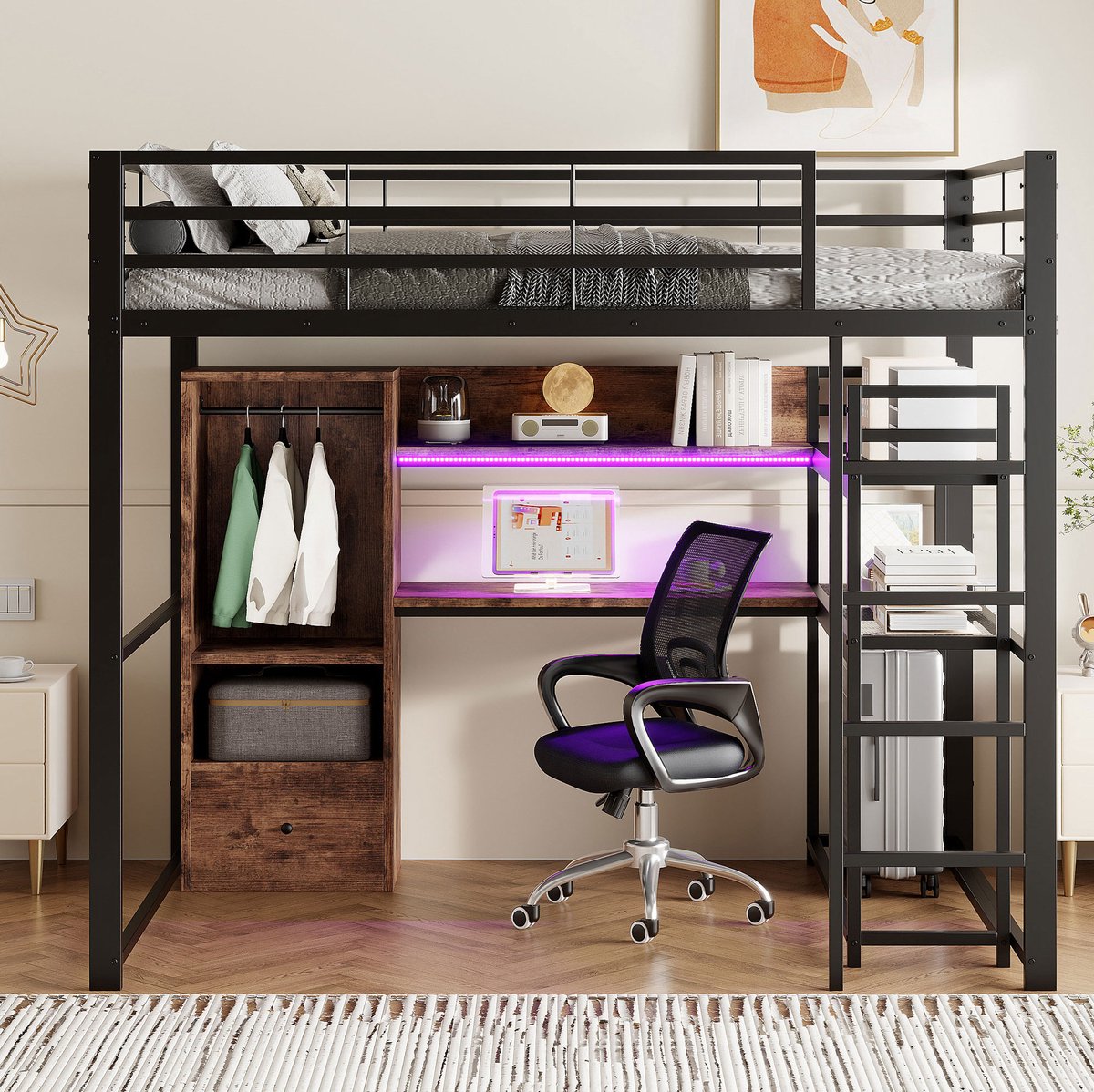 MEUNIQ hoogslaper 140x200 cm met bureau, lade, opbergruimte, ladder, uitvalbeveiliging en LED-verlichting voor kinderkamer, zwart Black