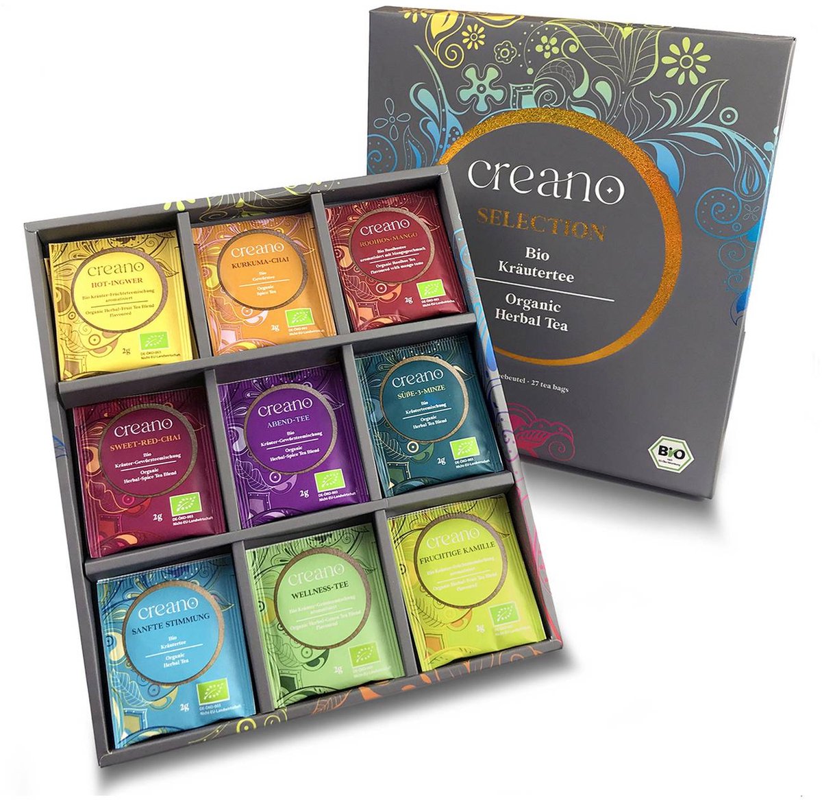Creano Bio Kruidentee Cadeauset "ORGANIC HERBAL TEA" - 27 Bio Theezakjes in 9 Verschillende Sorteringen - 54g *¹