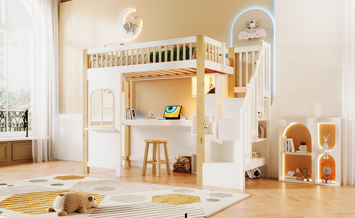 MEUNIQ Hoogslaper 90x200 cm met bureau, opbergruimte, trapkast en LED-verlichting, wit/naturel voor kinderkamer