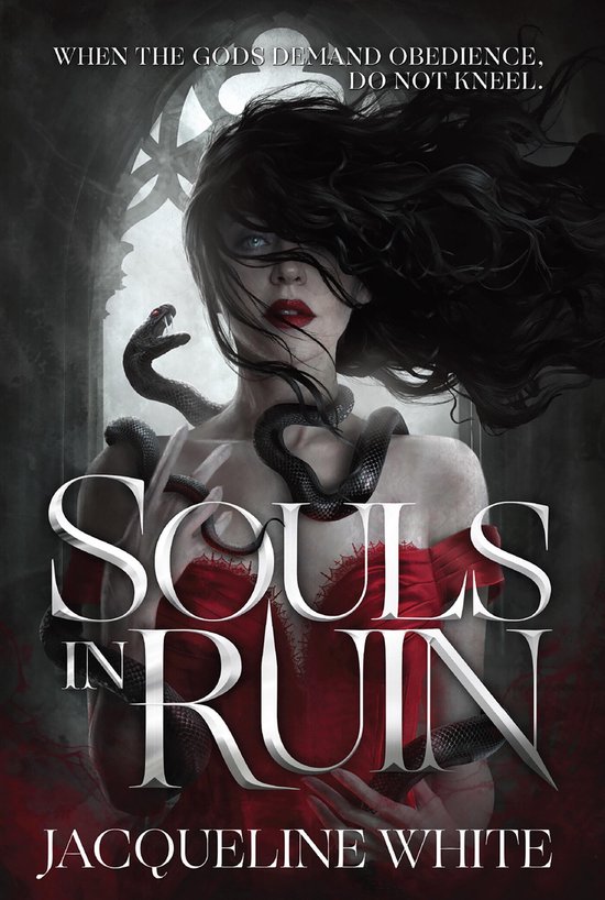 Femme avec des serpents autour du cou, porte une robe rouge. Titre : SOULS IN RUIN.