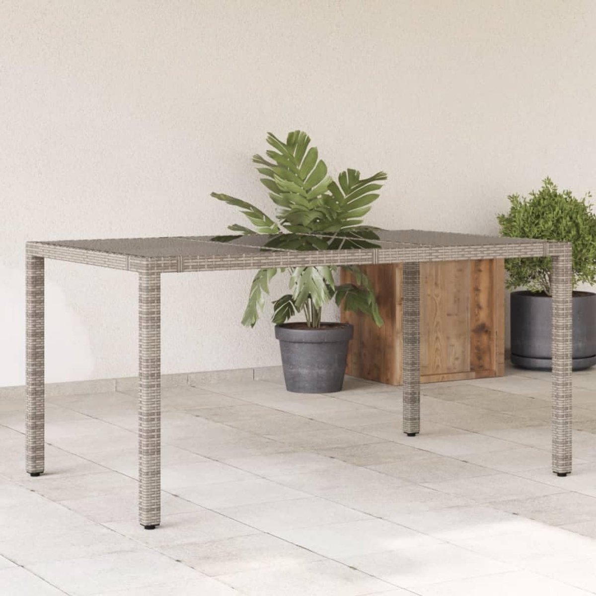 Tuintafel met glasplaat - Balkon tafel - Buiten dineren - Weerbestendig polyrotan - 150 x 90 cm - Grijs
