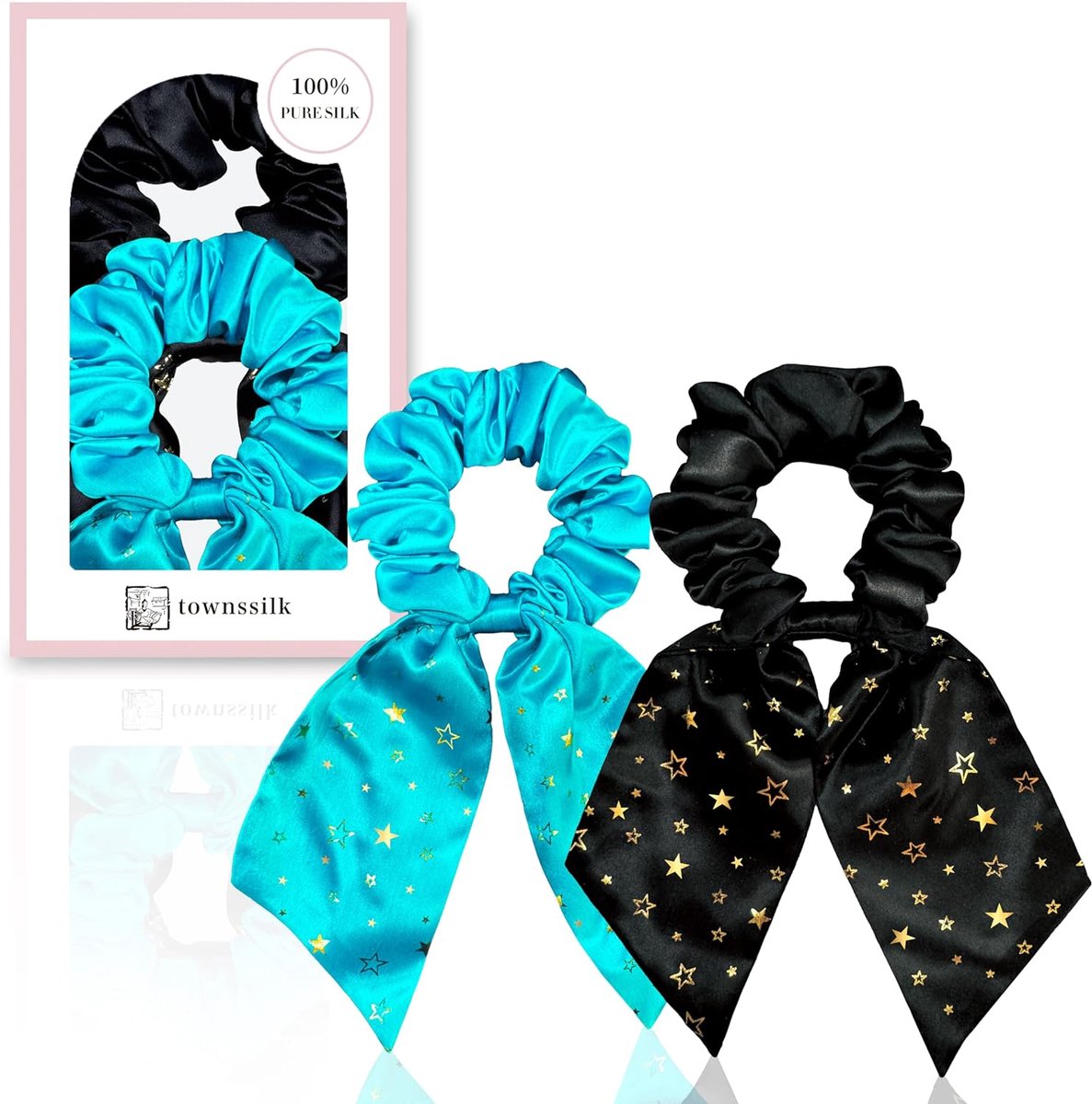 townssilk Silk Scrunchie Set of 2 with Bow, 100% Mulberry Silk, Bulky and Soft, Oeko-Tex Certified, Black + Blue - ShopVlot