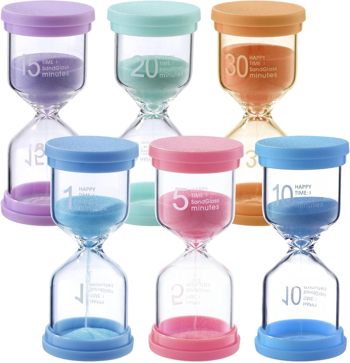 Thijox - Set van 6 kleurrijke zandlopers voor kinderen, 1/5/10/15/20/30 minuten, decoratieve timer voor leren, spelletjes en thuiskantoor, PVC en zeez