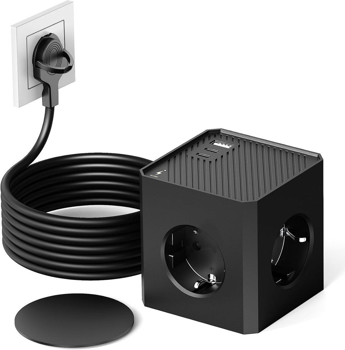 SnelShoppen - PD20W 6 in 1 Power Socket, Magnetische Power Cube met 3 AC Stopcontacten, 3 USB Poorten, 2m Kabel voor Thuis, Kantoor en Reis - Zwart