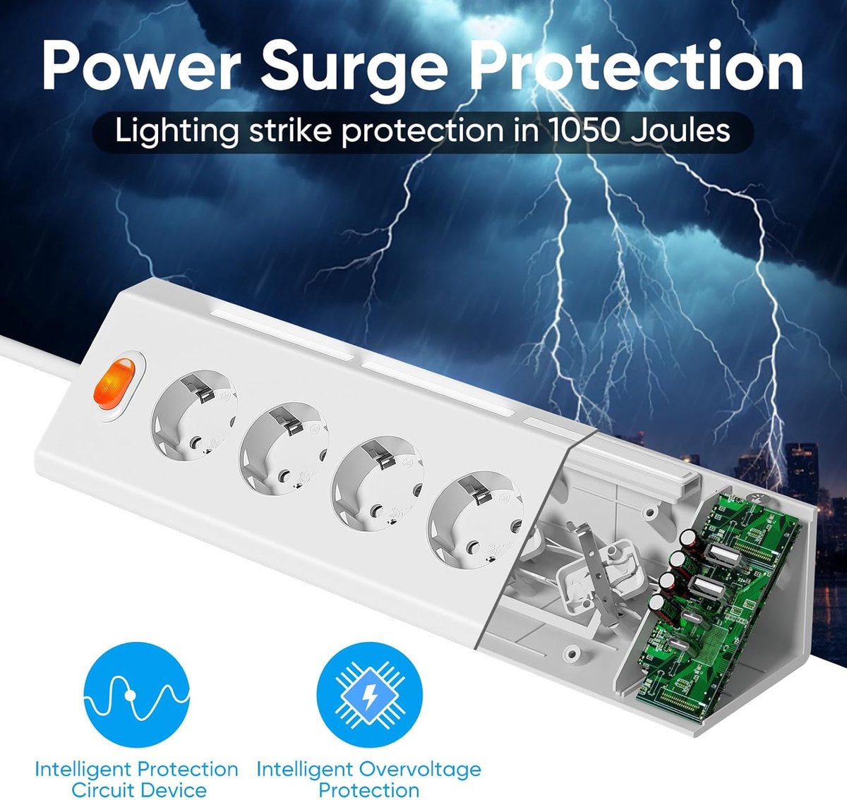 Thijox - Stekkerdoos met USB-C en USB-A, 5-voudige wandmontage stekkerdoos met instelbaar led-nachtlampje, 3680W/16A, 2 m kabel, ideaal voor thuis en