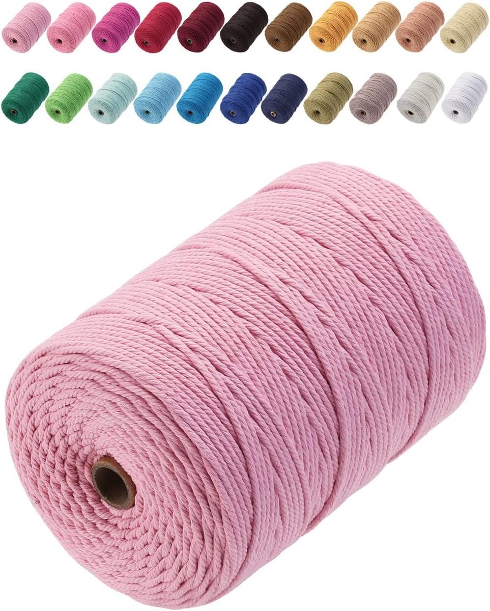 Premium Katoenen Macramé Touw 3mm x 200m - Zacht, Chemievrij en Ideaal voor Macramé Projecten in Lichtroze