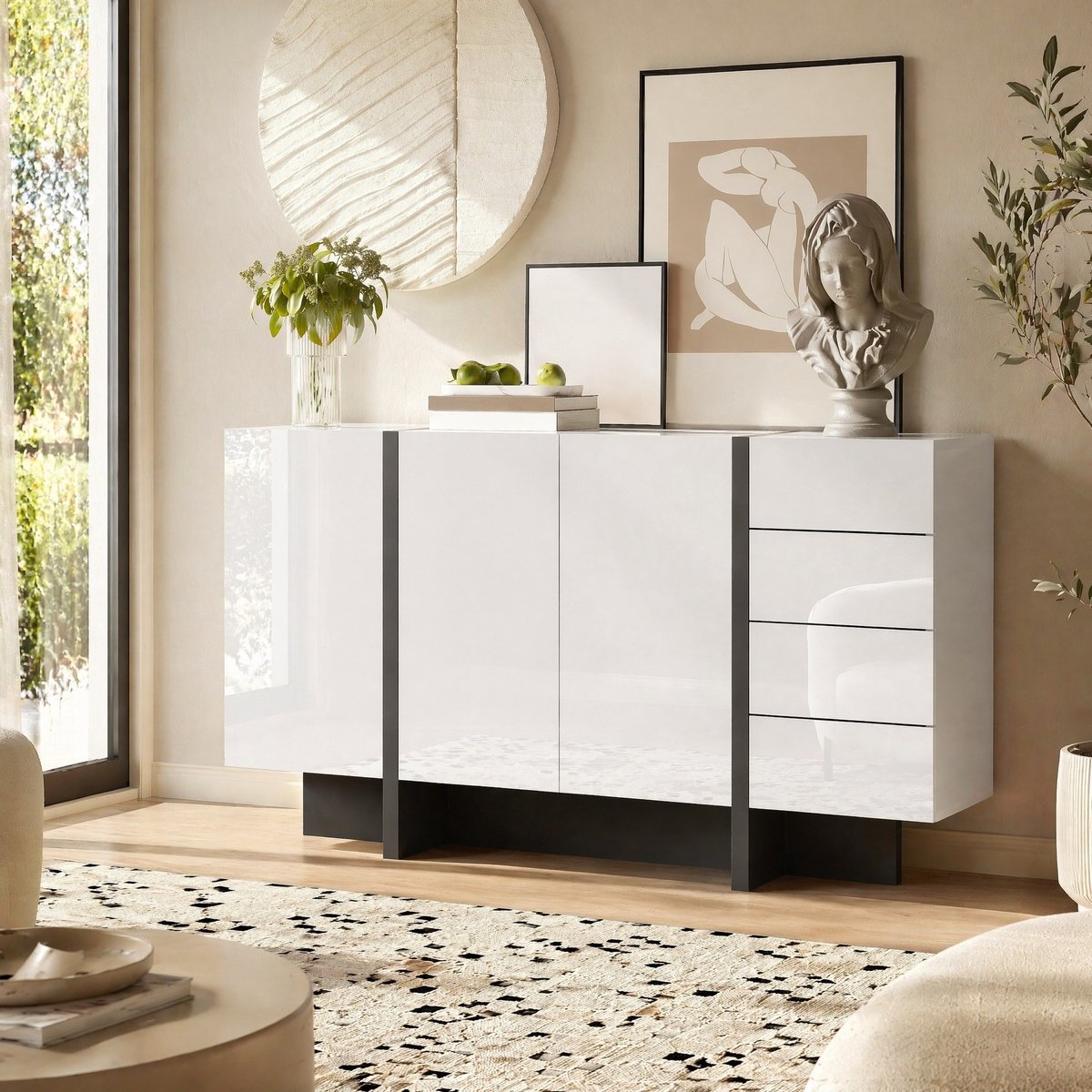 COVREO dressoir 150 x 40 x 80,5 cm - wit hoogglans met 2 deuren en 4 lades