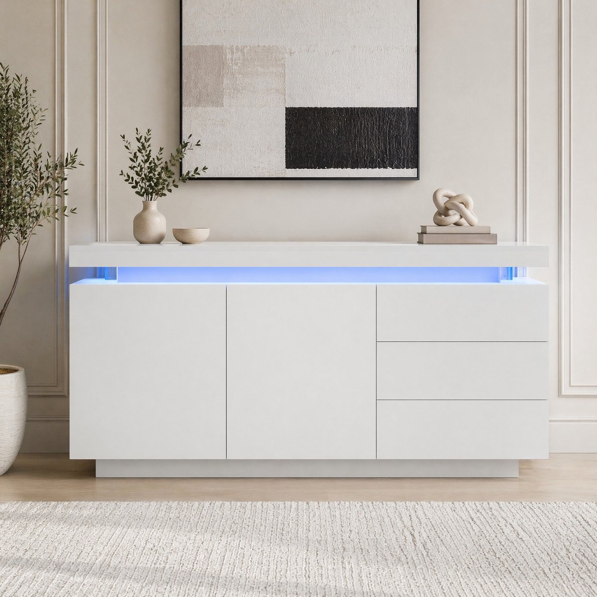 COVREO dressoir 140 x 35 x 72,5 cm - 2 deuren, 3 lades, LED-verlichting, hoogglans wit