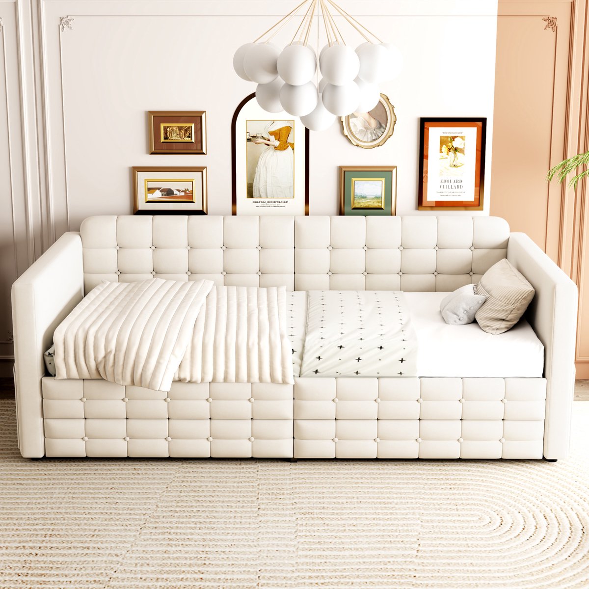 OKWISH Gestoffeerde Slaapbank 90x190 cm - Met Opbergtassen en 2 Bedladen - Lattenbodem - Zonder Matras - Eenpersoons - Beige