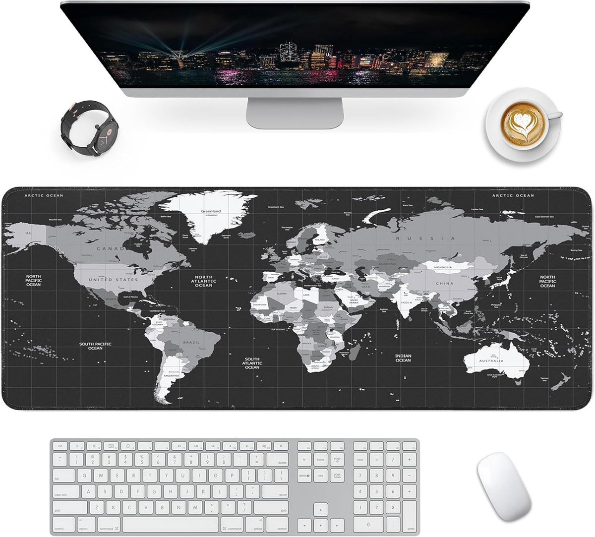 Grote Gaming Muismat XXL 800 x 300 mm met Antislip Rubber Onderkant voor Toetsenbord en Laptop, Wereldkaart Design