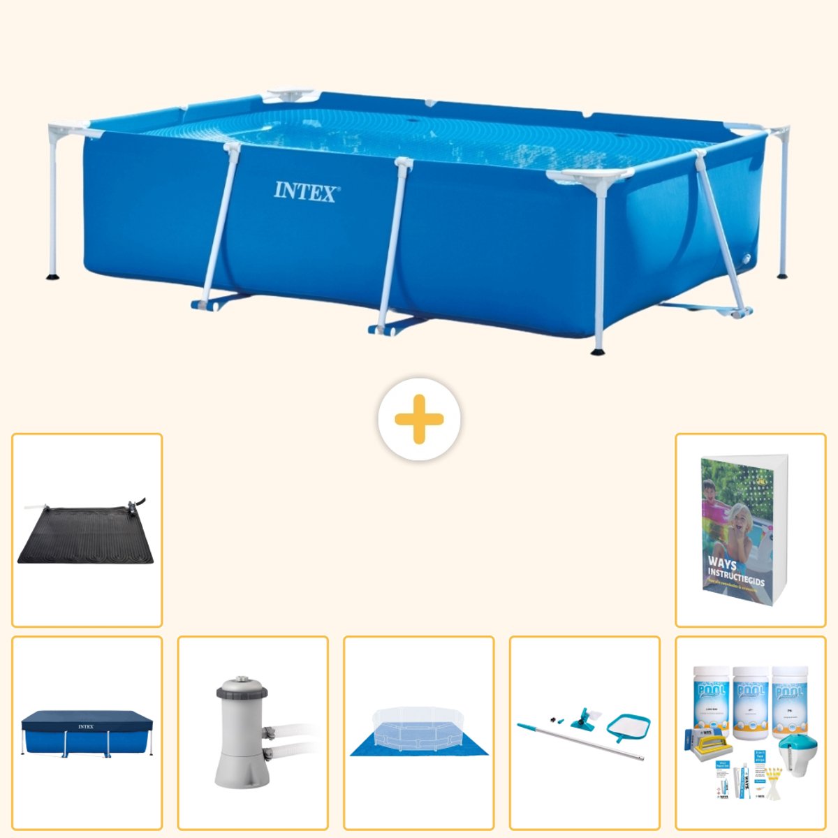 Intex Rechthoekig Frame Zwembad - 300 x 200 x 75 cm - Blauw - Inclusief Afdekzeil - Zwembadfilterpomp - Grondzeil - Schoonmaakset - Solar Mat - Onderhoudspakket - Zwembadgids - 8-delig