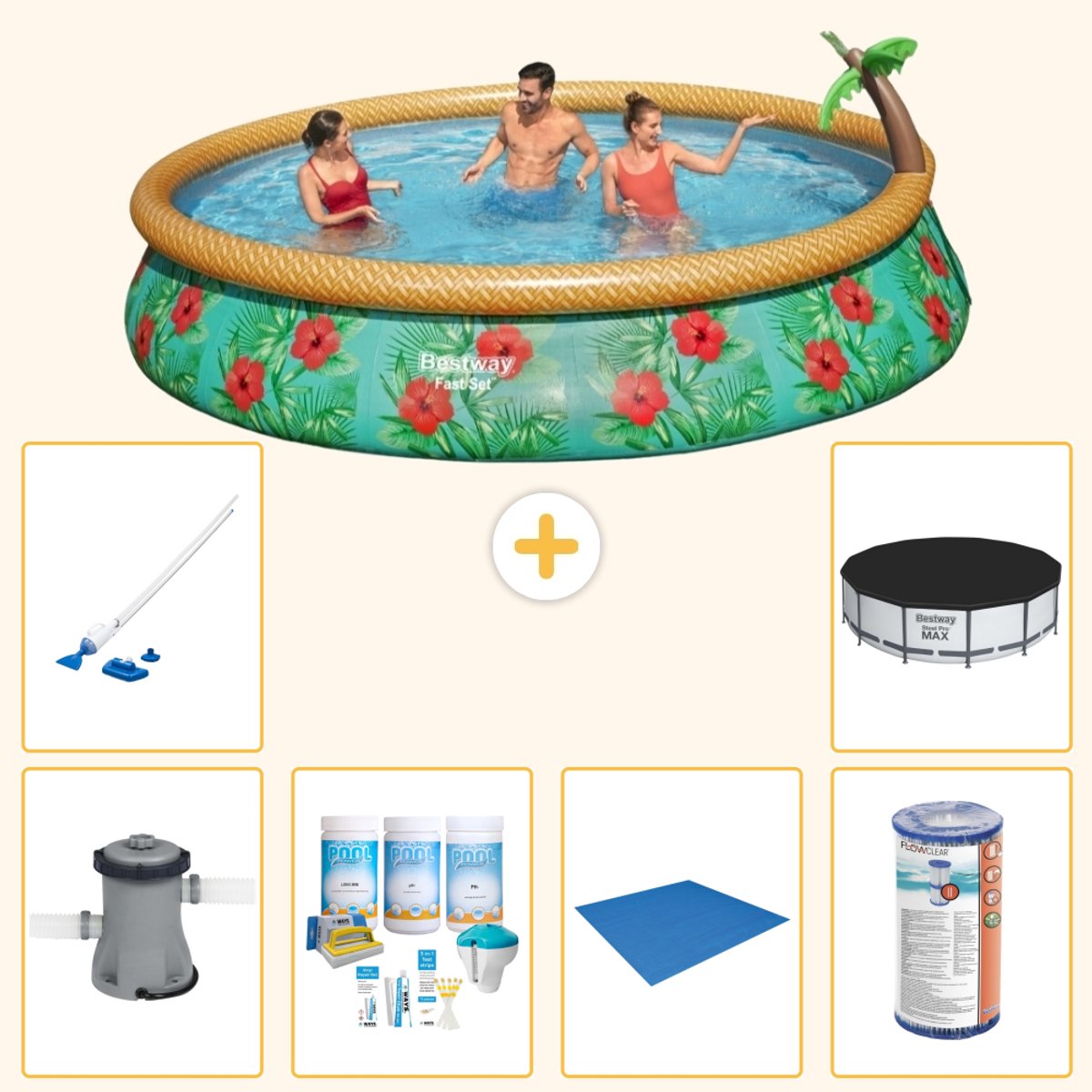 Bestway Rond Opblaasbaar Fast Set Zwembad - Paradijsprint - 457 x 84 cm - Inclusief Pomp - Onderhoudspakket - Grondzeil - Filter - Stofzuiger - Afdekzeil - 7-delig