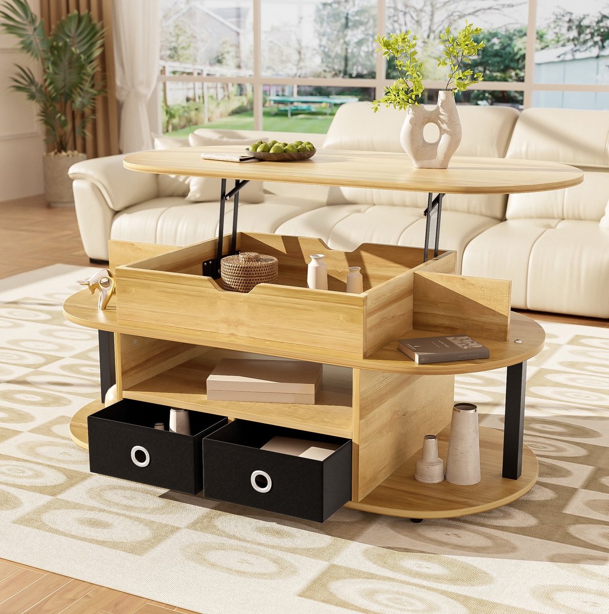 COVREO salontafel 105 x 50 x 45/60 cm - met hefplaat, opbergruimte en 2 zwarte lades