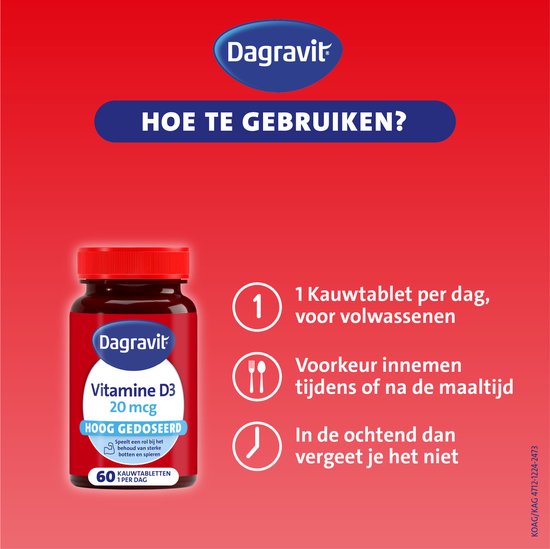 Een flesje van 60 kauwtabletten met de tekst 'Vitamine D3 20 mcg HOOG GЕДOSEERD'. Instructies: 1 kauwtablet per dag, bij voorkeur innemen tijdens of na de maaltijd, in de ochtend.