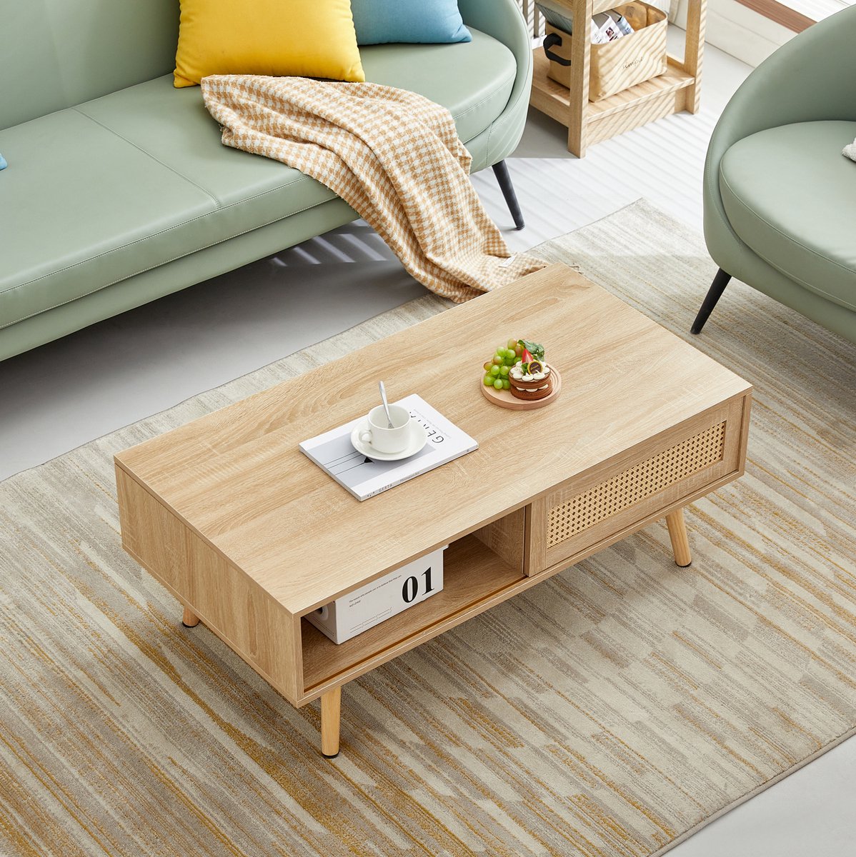 COVREO salontafel 105 x 55 x 41,5 cm - met schuifdeur, opbergruimte en houtkleur Naturel hout