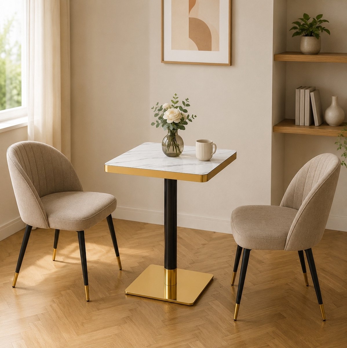 OKWISH Eettafel - Vierkante Tafel Met Marmerlook En Gouden Rand - 60 x 60 x 74 cm - Voor 2 Tot 4 Personen - MDF Wit Metaal