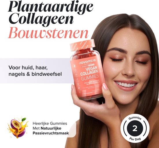 Vrouw die een fles Novomins veganistische collageen gummies vasthoudt. "Plantaardige collageen bouwstenen" met passievrucht.