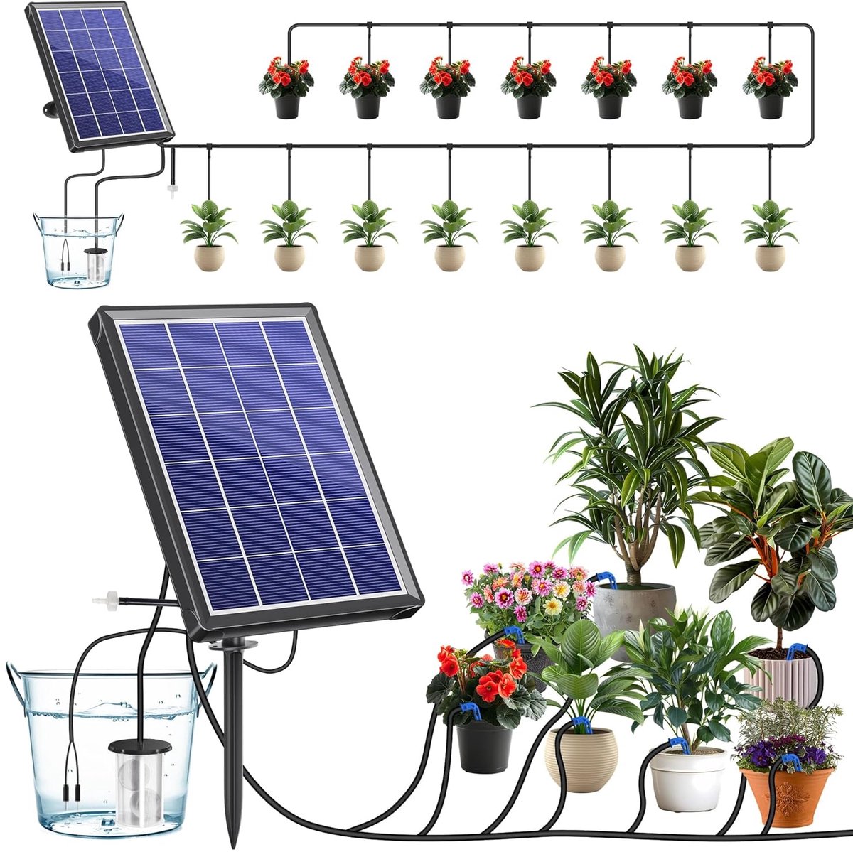 Thijox - Biling Bewateringssysteem op Zonne-energie voor Tuin en Balkon, Automatische Irrigatie voor 15-20 Potplanten, 3,5 W Paneel, 15 m Slang, Ideaa