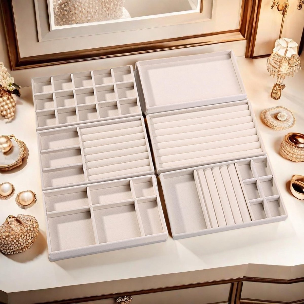 SnelShoppen - 6 Stuks Sieradenopslag, Sieradendienblad Fluweel, Sieradenorganizer Stapelbaar Beige, Inzetstuk voor Oorbellen, Ringen, Armbanden, Broch