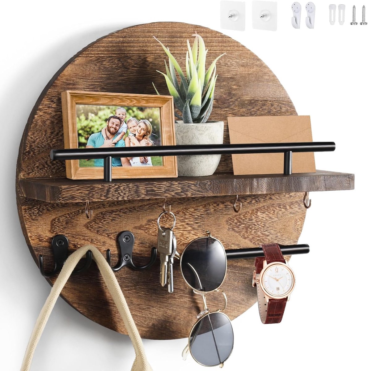 SnelShoppen - Vintage Houten Keyboard met Plank, Sleutelhouder voor Thuis, Decoratieve Wandmontage, Ronde Sleutelhouder met Boerderij Stijl (Bruin)