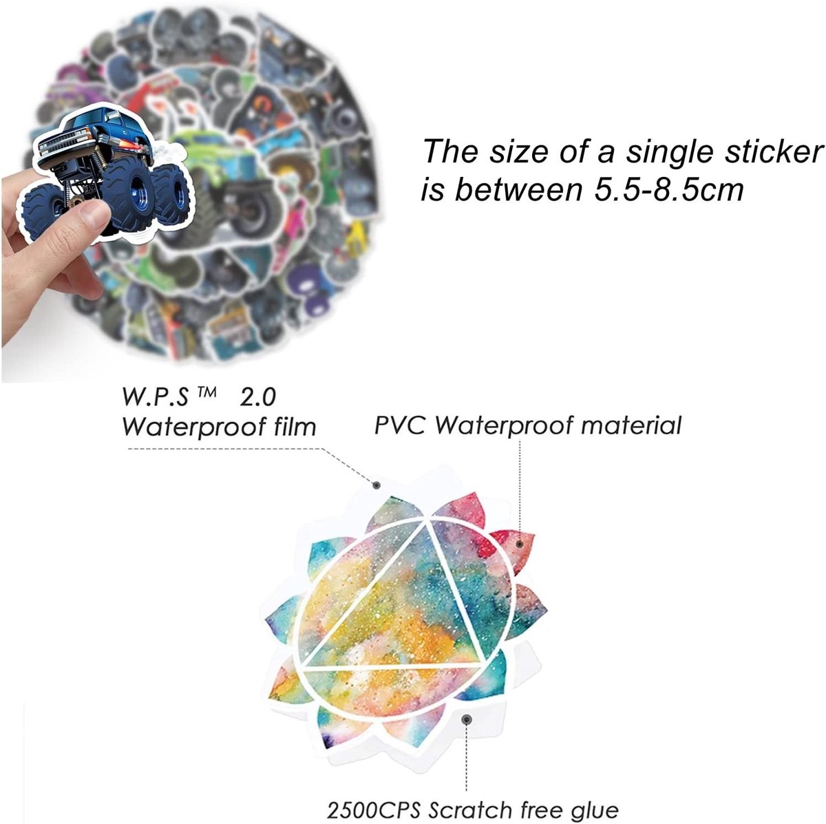 Vijftig waterdichte en herbruikbare monster truck stickers voor kinderen - Perfect voor koffers, waterflessen, laptops en skateboards