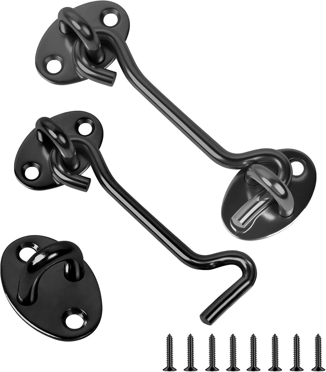 Deurhaken, schuurdeurhaken (4-delige set), 25 cm, deursluiting (haak-en-boutslot), roestvrijstalen deurhaken, binnendeursloten met montageschroeven. Zwart.