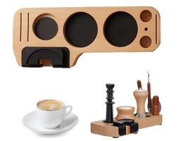 PromoHome Tamping station voor barista's - 51/53/58mm - Koffiestampstation van beukenhout - Inclusief tamper, distributor, borstel en puckzeven