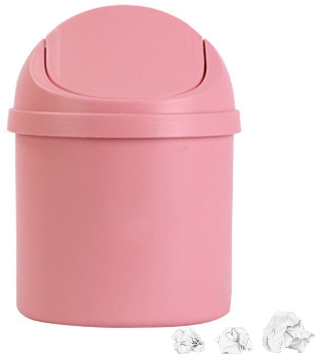 Dailygoods- Prullenbak mini - Herbruikbaar - Zwenkdeksel - Afvalbak - Tafelblad - Lichtgewicht - Roze kleur