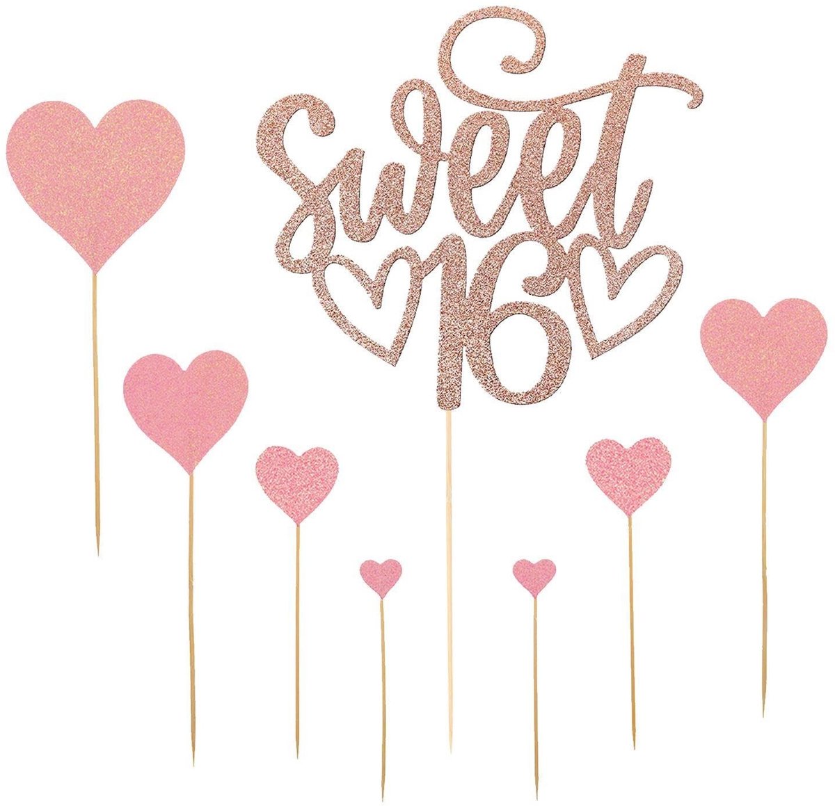 Dailygoods- Taartinzetstuk Roségoud - Taartdecoratie - Taarttopper - Gepersonaliseerd - 16e Verjaardag - 1 stuk + 7 Harten