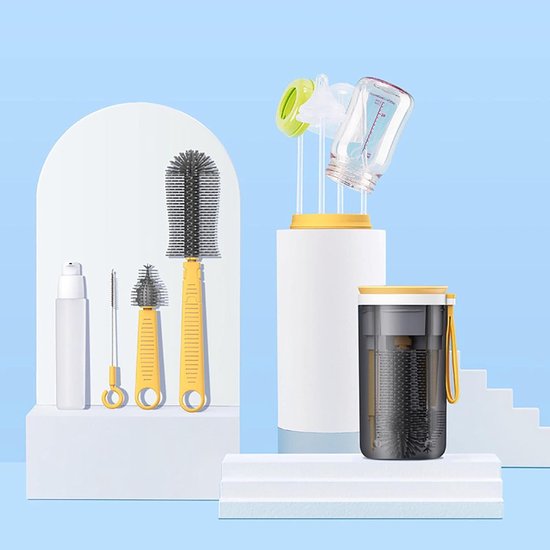 Reizen babyflessenborstelset - Draagbare siliconen flessenborstel, tepelreinigingsborstel, rietborstel, zeepdispenser en flessendroogrek in geel — afbeelding 2