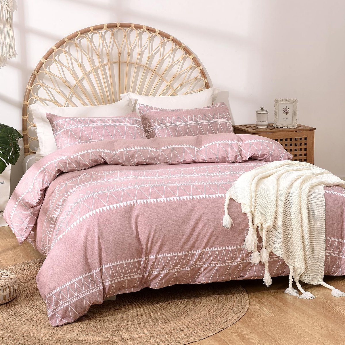Solidchoice - Tokokimo Dekbedovertrek 200x200 cm met 2 kussenslopen 65x65 cm - Boheems design - beddengoed 200x200 cm - dekbedovertrek met ritssluiting, roze