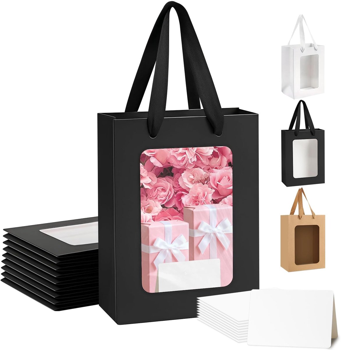 Dailygoods- Geschenkzakjes met venster - Kraftpapier - 10 stuks - Handvat - 20 x 16 x 30 cm - Perfect voor feestjes - Cadeauzakjes