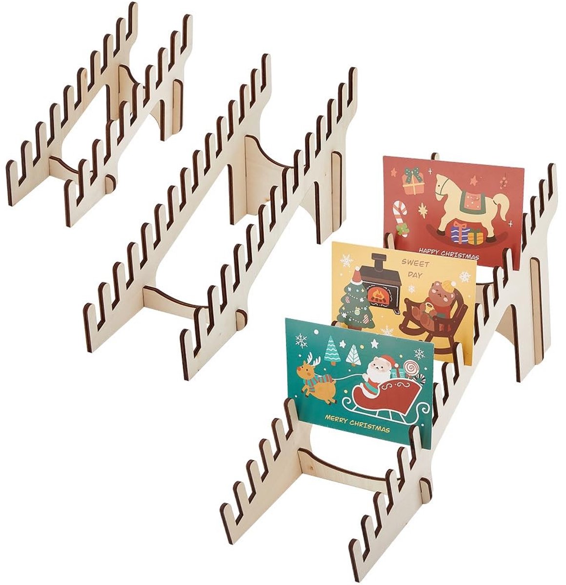 Dailygoods- Kaartenstandaard Houten - 3 Sets - Draagbare Tafelhouder - Rechthoekige Ansichtkaartenrekken - Beige - Afmetingen: 15x41,5x21 cm - Kaarthouder