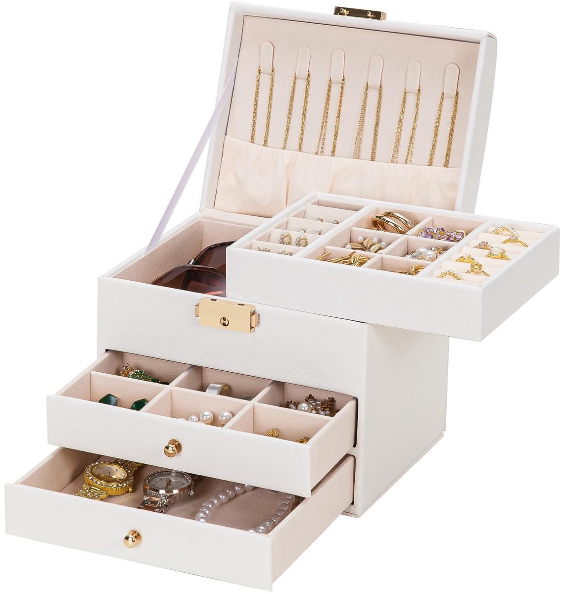 Dailygoods- Sieradendoosje Klein - 3-laags - Sieraden Doosje voor Meisjes - Met Slot - Voor Oorbellen/Ringen/Horloges - Perfect voor Verjaardag/Kerst - Sieradenbox