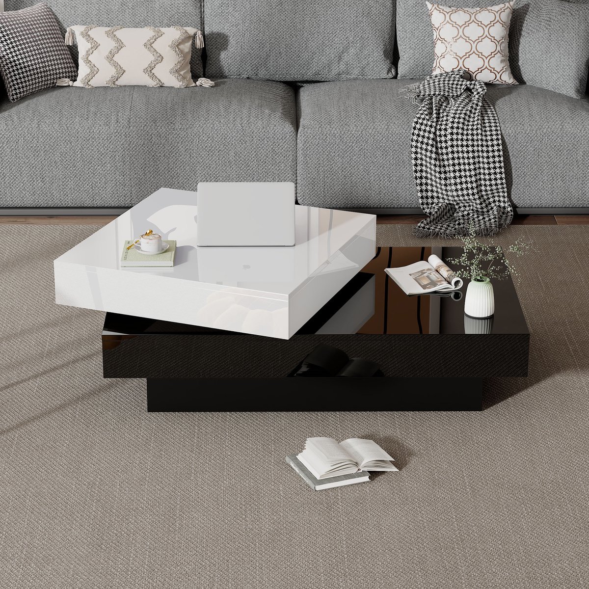 DESMIU Salontafel - Draaibaar Twee Laags Met Hoogglans En Contrasterend Design - Woonkamer En Appartement - Spaanplaat - Wit Zwart - 103x60x35,5 Cm