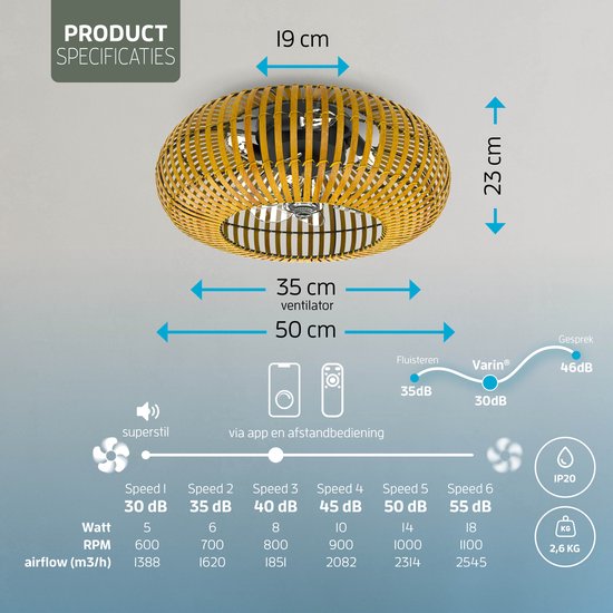Varin® Smart Plafondlamp met ventilator - Bamboe - Tuya Wifi - Ø 50cm - Plafondventilator met verlichting - Smart lamp slaapkamer - Plafonniere kinderkamer - Plafondlampen industrieel - Plafond lamp - Afstandsbediening - Plafond met ventilator van Varin — afbeelding 5