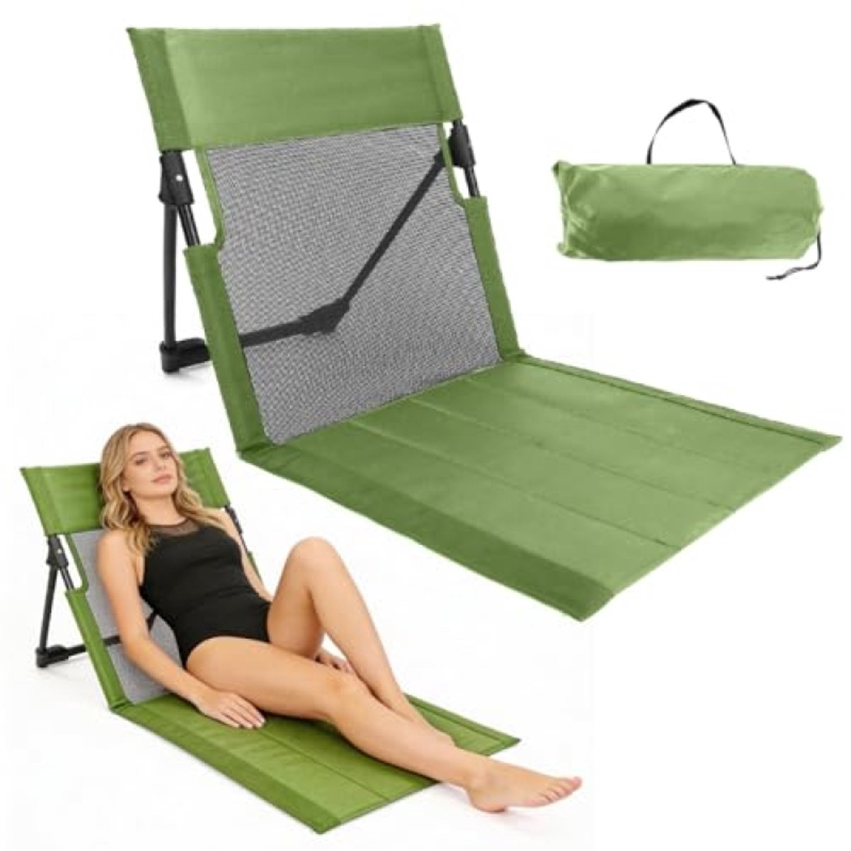 Arvion Strandmat - Inklapbaar met Verstelbare Rugleuning - Opvouwbare Ligstoel voor Strand, Camping, Tuin, Terras en Festivals (Groen)