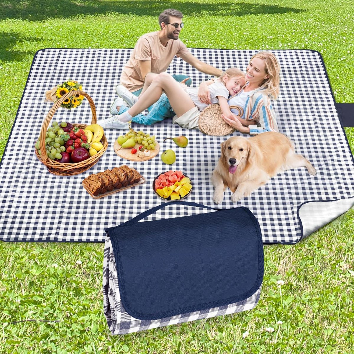 OLOEY Picknickdeken, 200 x 200 cm, zandbestendig, stranddeken, waterdicht, campingdeken, wasbaar, met draaggreep, ideaal voor outdoor, camping, strand en familiepicknick (blauw geruit)