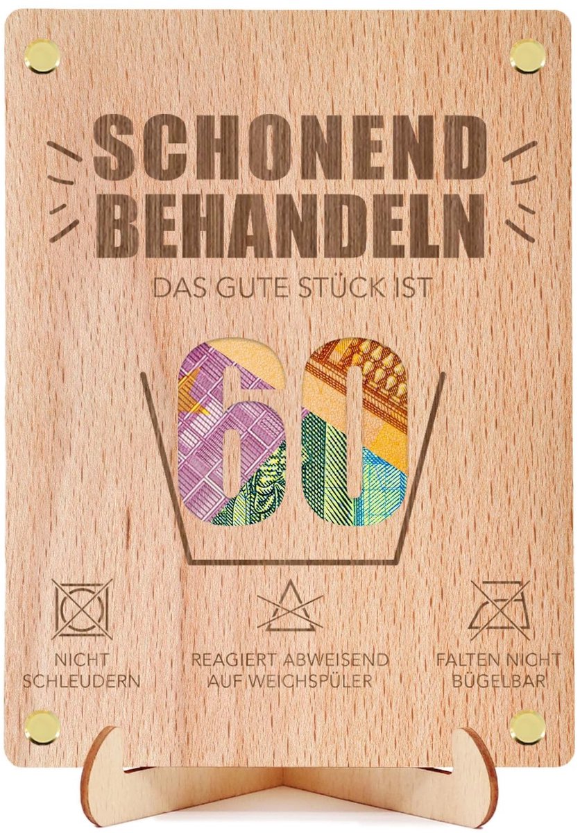 Dailygoods- Geldgeschenk Houten Verjaardagskaart - Verpakking Inclusief Standaard - Grappig Cadeau - 50e/60e Verjaardag - Uniek Vakmanschap - Transparante Stickers