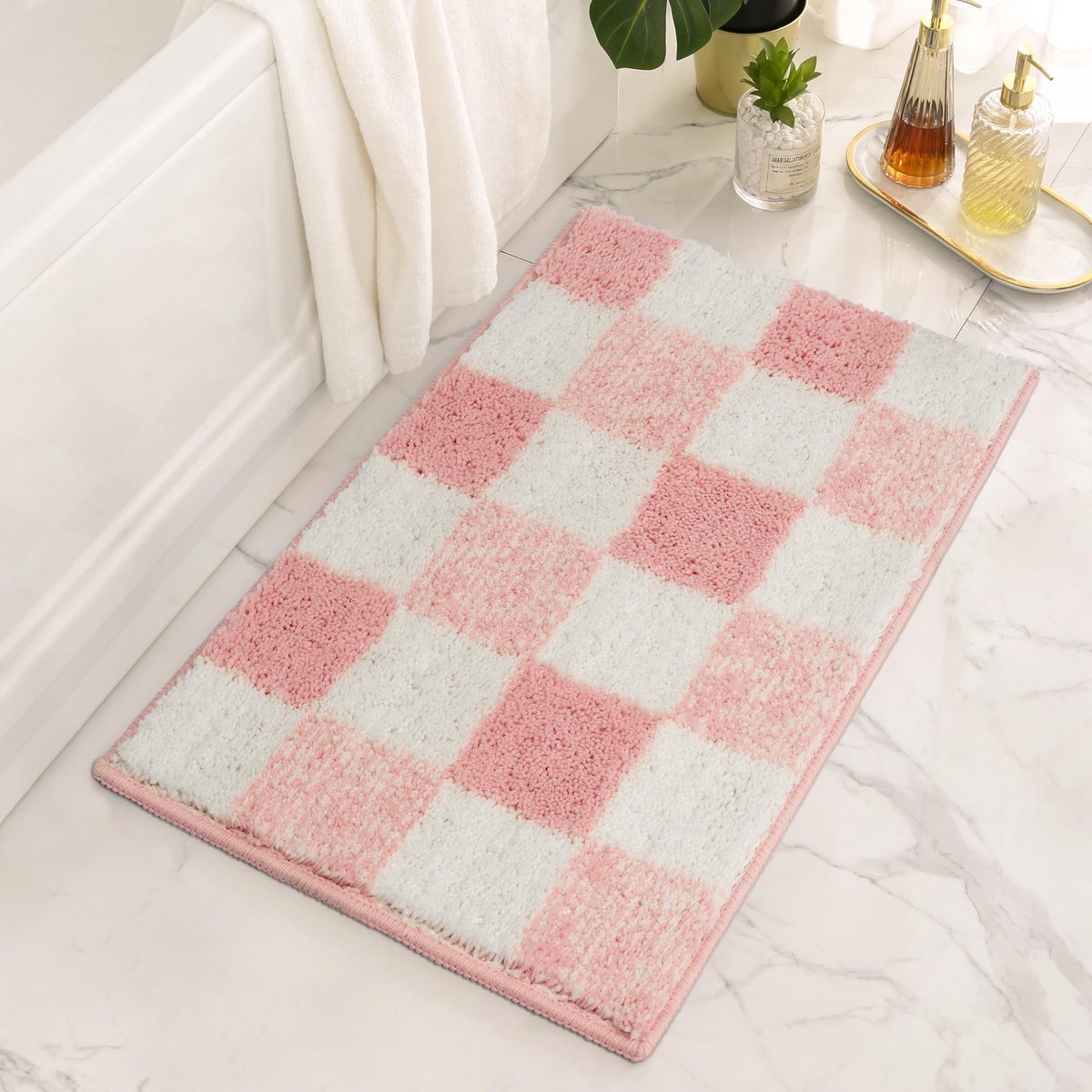 Dailygoods- Badmat Antislip - Geruite Badkamermat - Microvezel - Wasbaar - Pluizig - 60 x 40 cm