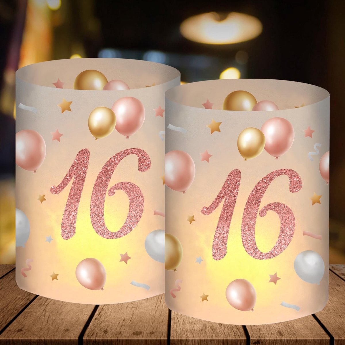 Dailygoods- Windlicht Tafeldecoratie 16 Jaar - Verjaardagsdecoratie - Geschikt voor Theelichtjes/Kaarsen - Roségoud - Meisjes Cadeau - 12 Stuks - Lantaarn