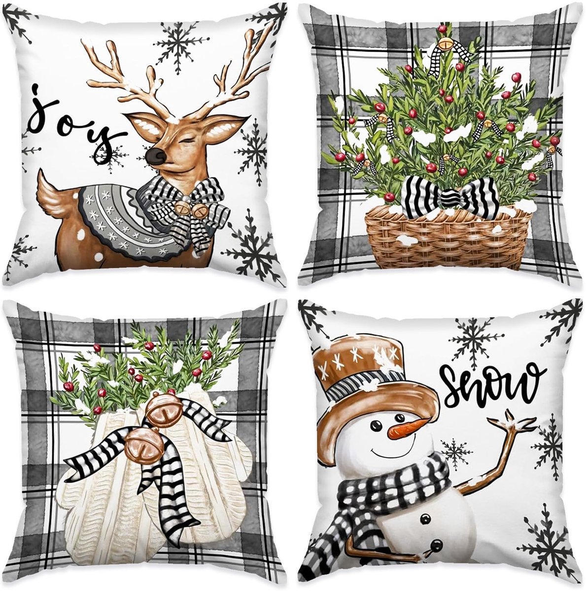 Dailygoods- Kerstkussens 4 stuks - Linnen Kussens - Decoratie voor Thuis - 45 x 45 cm - Dubbelzijdige Print - Exclusieve Kerstkleur - Decoratiekussens
