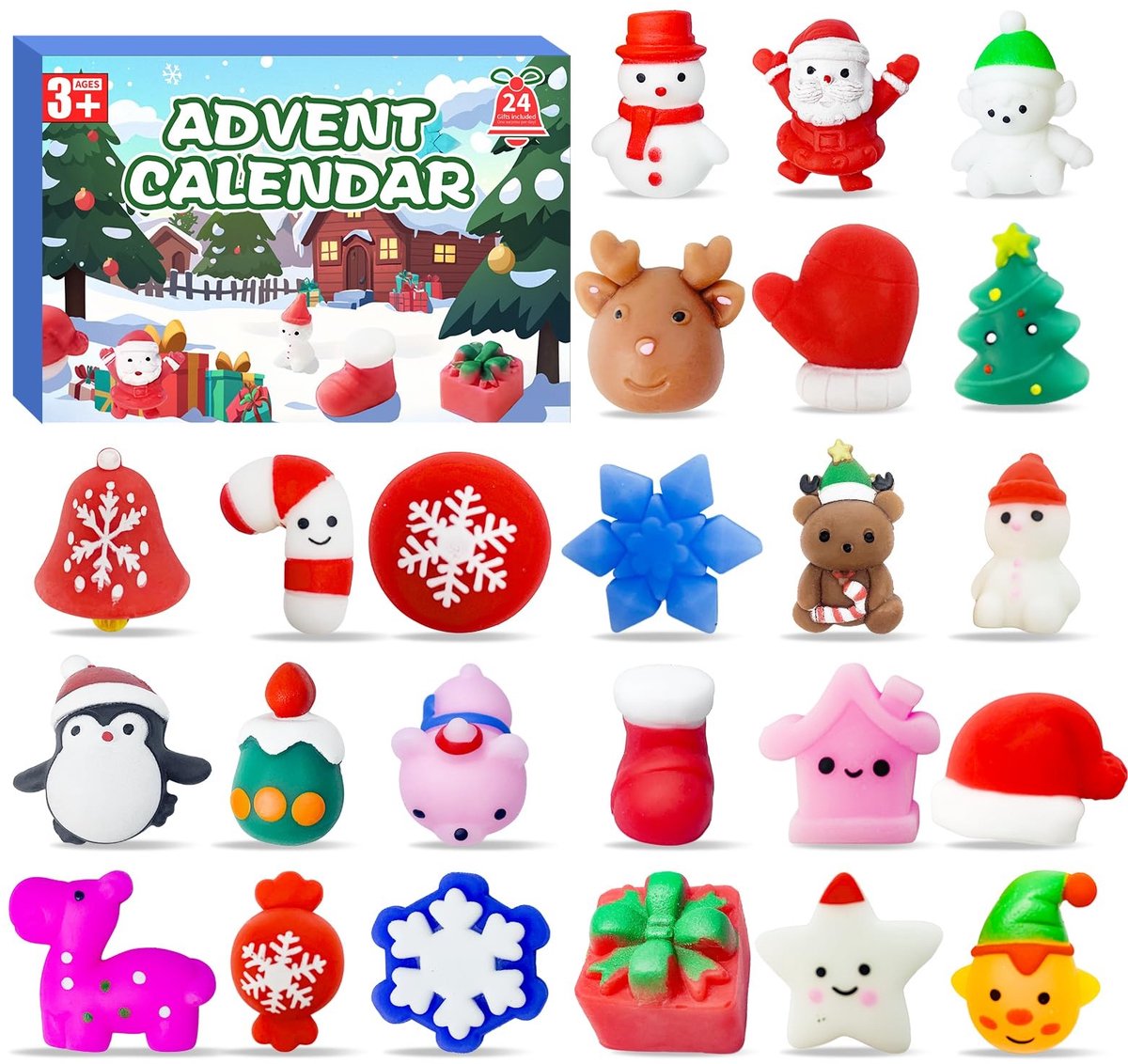 Dailygoods - Squishy Adventskalender, adventskalender 2024, voor kinderen met 24 Mochi Squishy speelgoed, kerstkalender voor kinderen, kerstcadeaus voor baby's, peuters, jongens, meisjes, kinderen vanaf 3 jaar