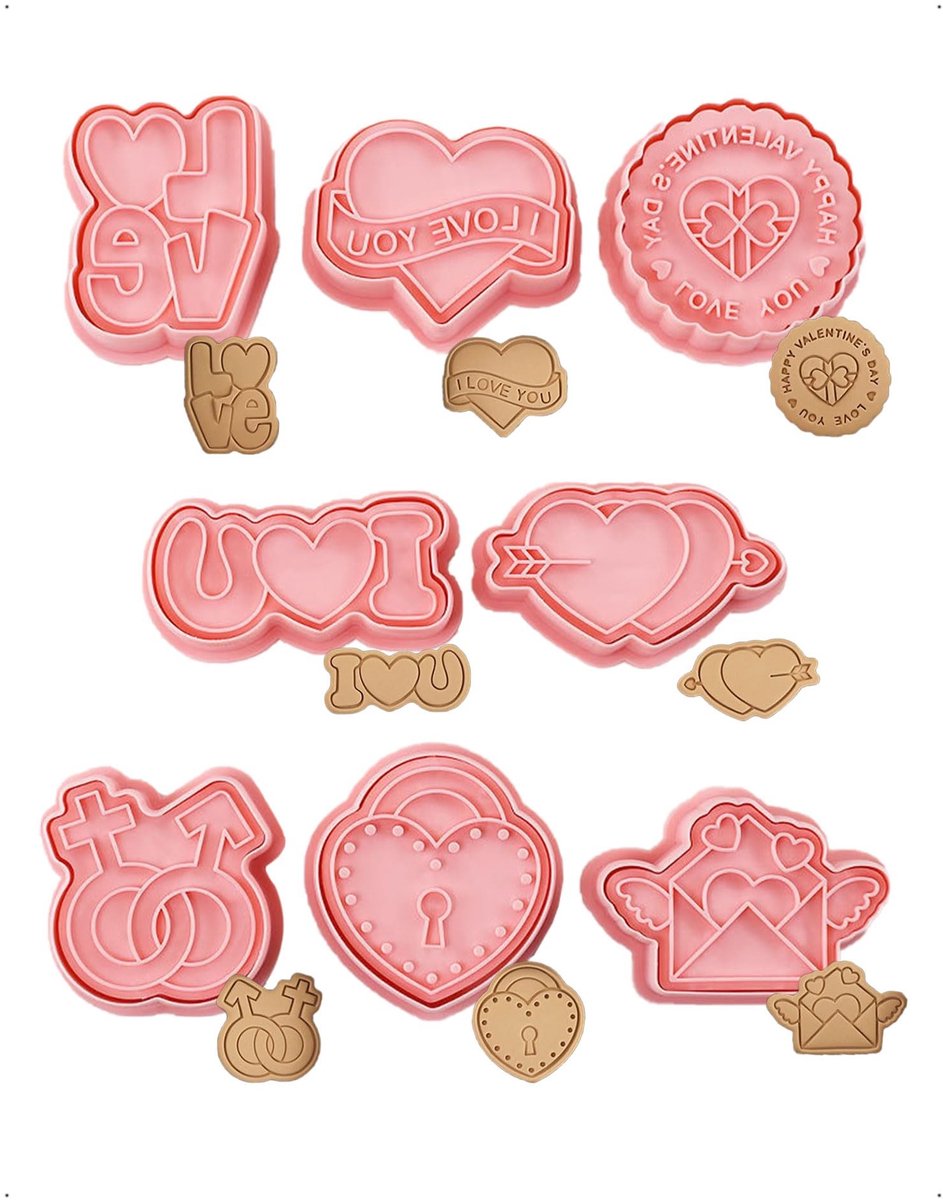 Dailygoods - Set van 8 3D-uitsteekvormpjes voor Valentijnsdag, plastic koekjesvormpjes, verjaardagskoekjesvormen, fondantuitsteekvormpjes voor gebak en desserts, acht soorten