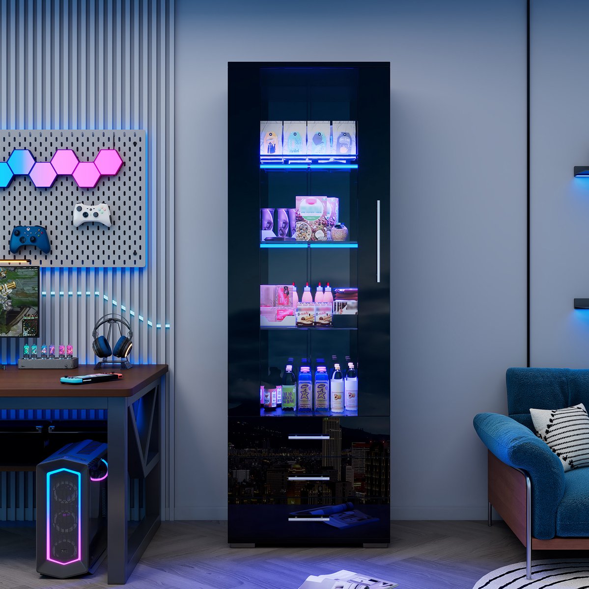 MEUNIQ vitrine 60 x 35 x 180 cm met LED-verlichting, 3 lades, acryl deur en glazen legplanken, hoogglans zwart, staande opbergkast voor woonkamer