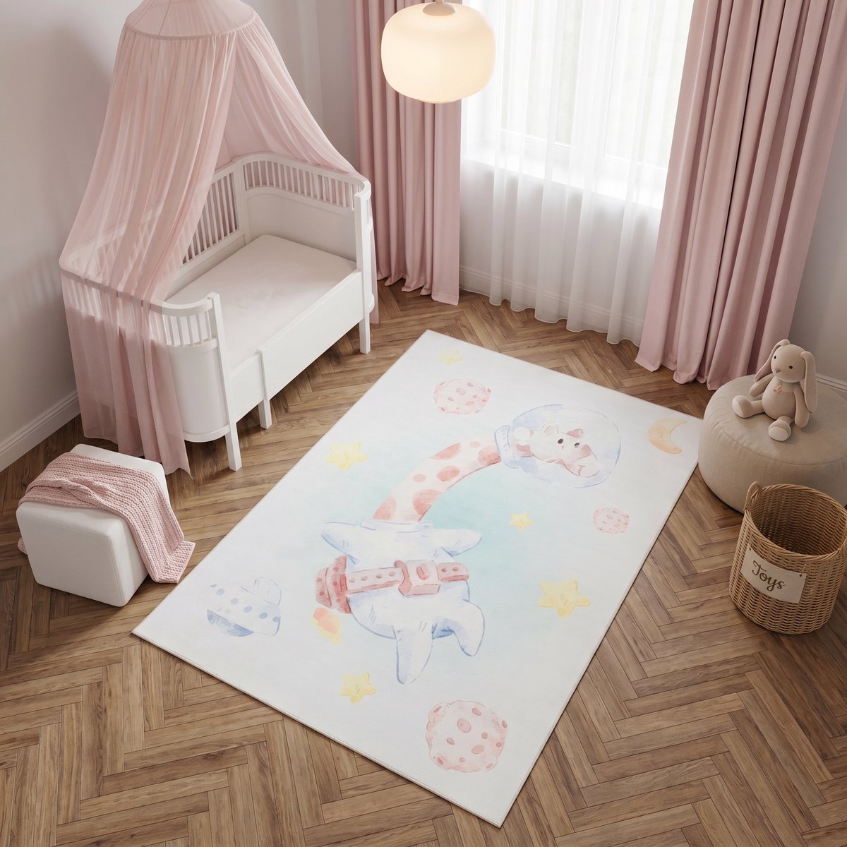 Tapiso Kids Kindervloerkleed Giraf Astronaut Ruimte – Zacht Babykamertapijt Sterren Roze A
