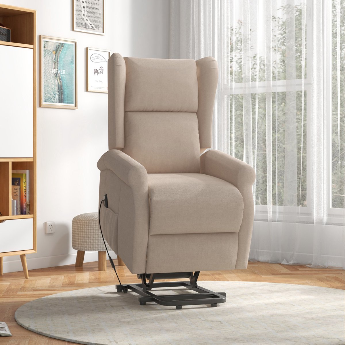 OKWISH Relaxfauteuil 74 x 94 x 111 cm - Elektrische Ligfunctie En Sta-op Hulp - Voor Woonkamer Of Rustruimte - Stof - Crèmewit