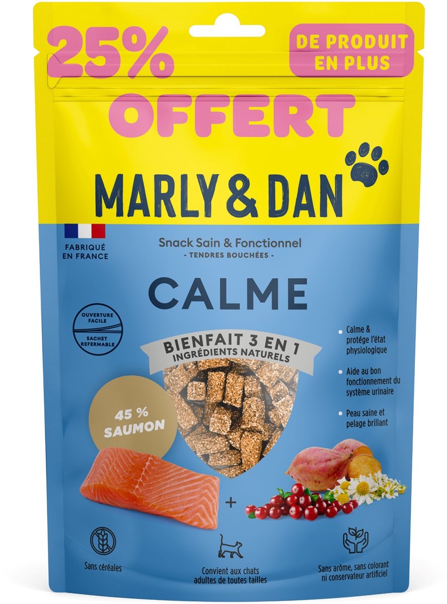 Marly & Dan Rustgevende Traktaties Kat 40g Zalm met Kamille en Cranberry Extract - Zachte & Kauwbare Functionele Snack voor Volwassen Katten